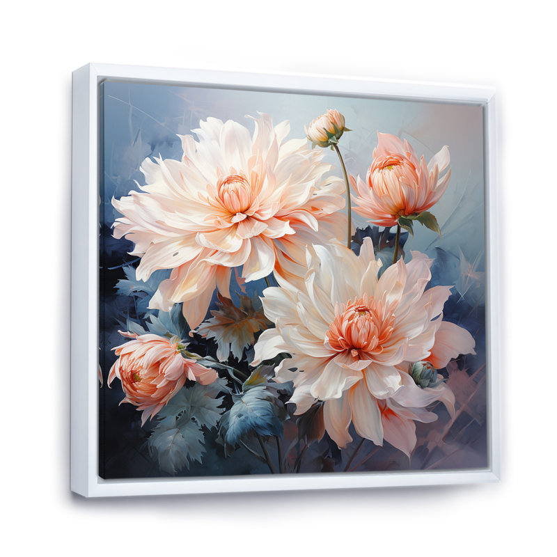 Impression romantique «I Peach Chrysanthemums Peach», Cadre flottant blanc, H 16 po x l 16 po x P 1 po