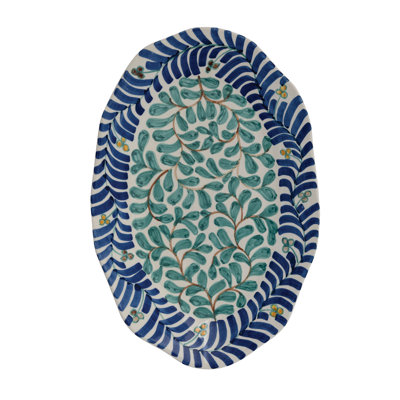 Oval Hand-Painted Stoneware Platter with Vines Design