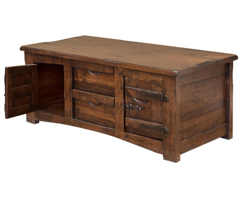 Rustic Deep Brown Pine Wood Cocktail Table with Storage