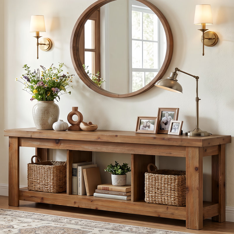 62.99-Inch Solid Wood Console Table, Farmhouse Low Sofa Table TV Media With Storage For Entryway, Living Room, Brown