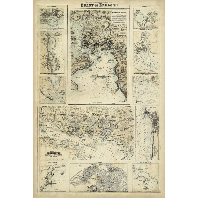 Map of the Coast of England I - Graphic Art, 122cm H x 81cm W, Black Floater Framed