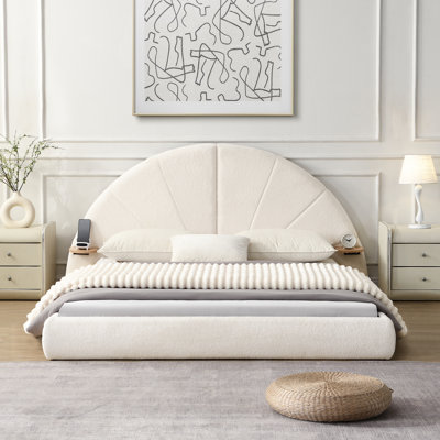Queen Beige Unique Arched Boucle Bed - Luxurious Boucl, Comfortable Touch, Floor Standing Design, Adapt To Modern Simple Bedroom Style Setup Bed, Queen, Boucl Upholstery, Easy Clean, Small Table For