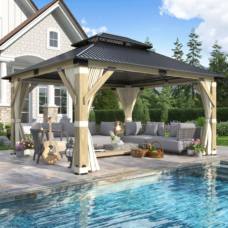 Outdoor Solid Wood Patio Hardtop Gazebo, 15 Ft. W x 13 Ft. D