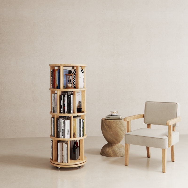 Oliver 360° Rotating Solid Wood Bookshelf, Equipped with Brake Wheels, Allowing for Flexible Adjustment, Tan
