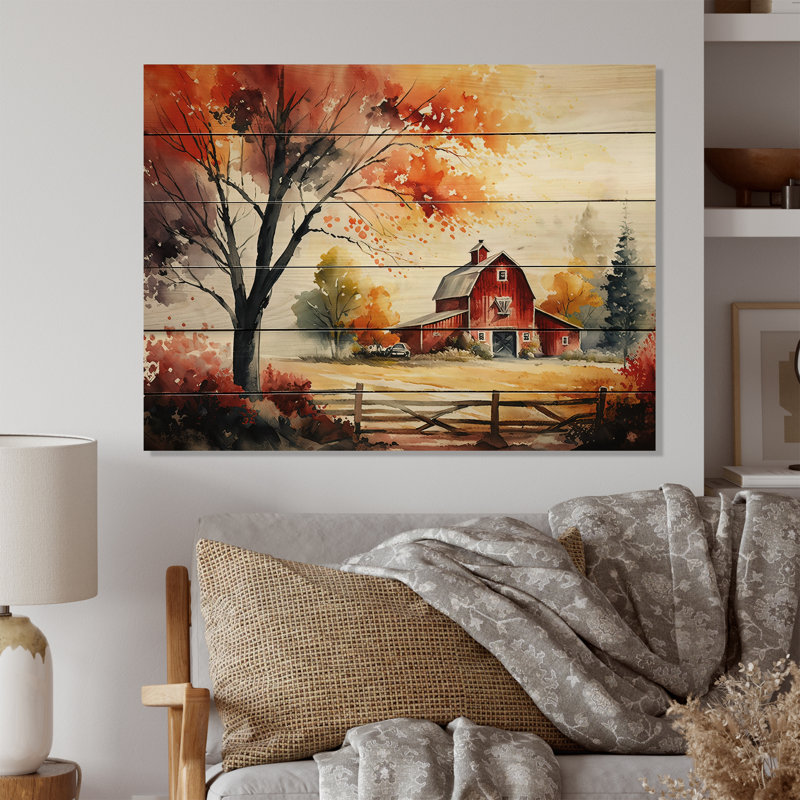 Alaincourt Calm Red Barn In Spring V - impression sans cadre sur bois, H 12 po x l 20 po x P 1 po