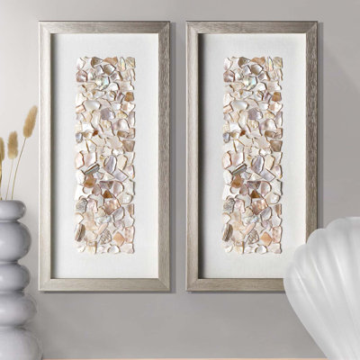 Corradina Neutral Seashell Mosaic Panel Wall Art Set with Champagne Silver Frame - Handcrafted 2 Piece Ivory and Beige Coastal Wall Decor