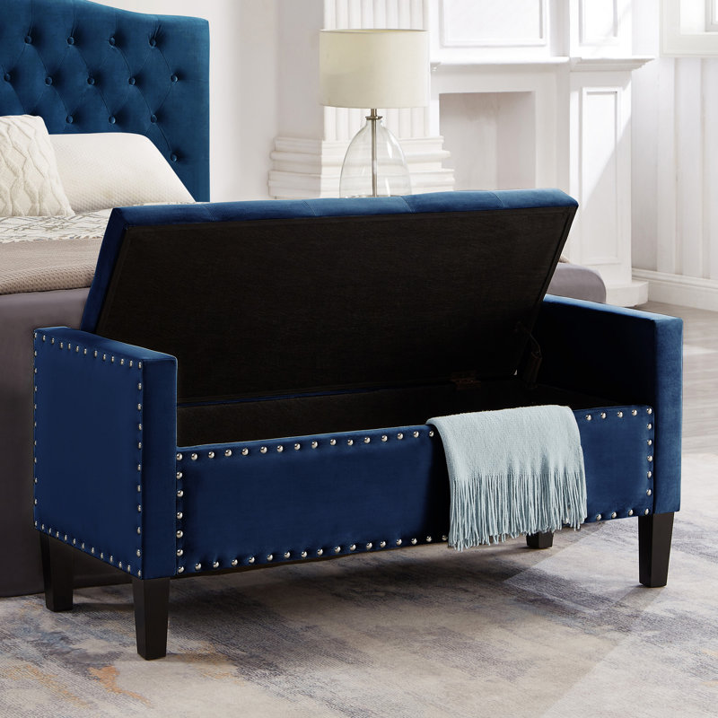Modern Storage Bench - Navy Velvet Fashionable Upholstered Armrest Luxury, Navy