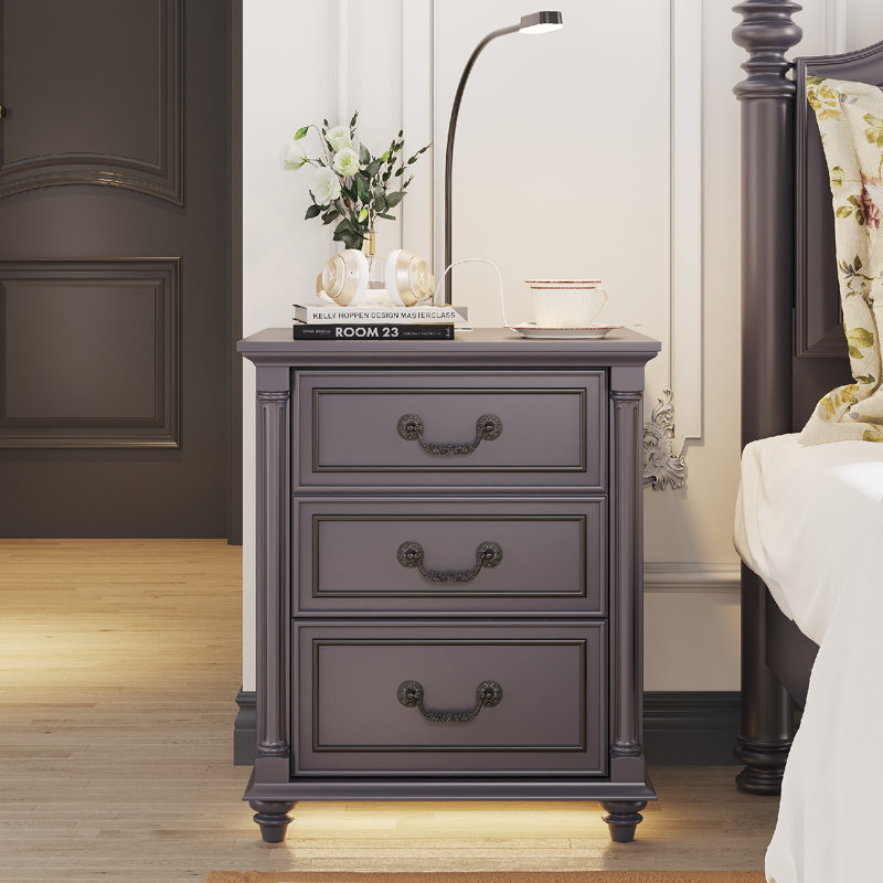 3 Drawer Bedside Table With Reading Light, Gray