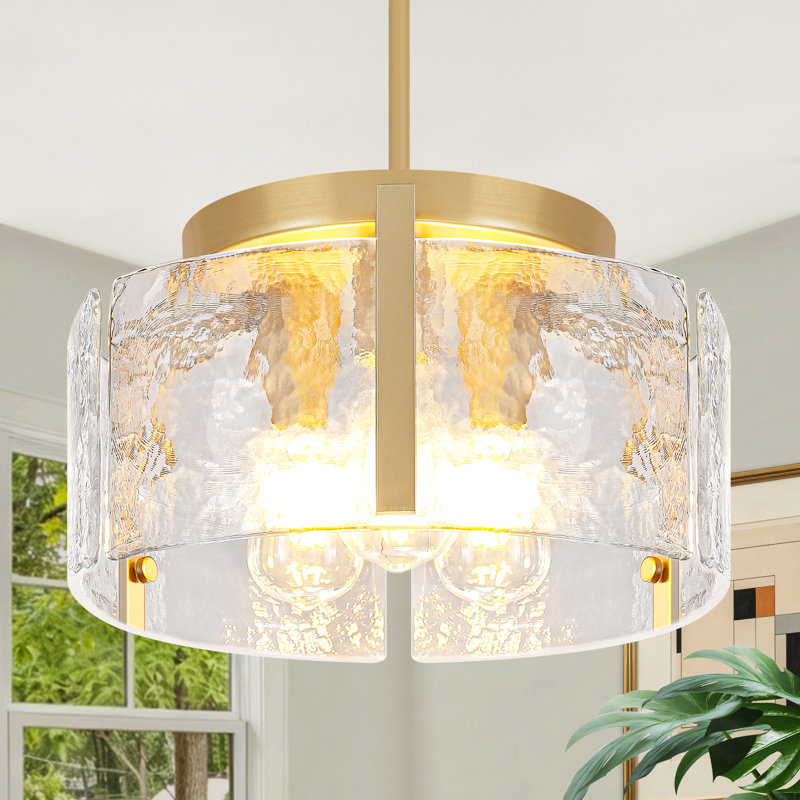 Lustre tambour 3 lumières Bora avec abat-jour en verre martelé transparent, luminaire suspendu de style campagne moderne réglable pour la salle à manger, îlot de cuisine