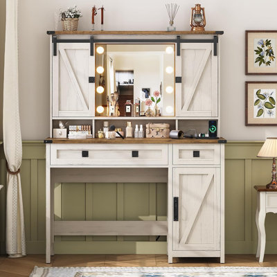 Shiala 41" W Farmhouse Makeup Vanity Desk with Mirror, Bedroom Dressing Table with Cabinets by Gracie Oaks