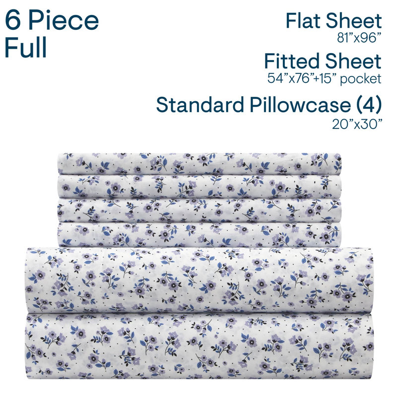 Aeropostale 6 Piece Premium All Season Microfiber Sheet Set, 4 Pillow Cases, 1 Fitted Sheet, 1 Flat Sheet, Fits Mattresses up to 16” Deep, Full Size, Purple Blue Ditsy Floral