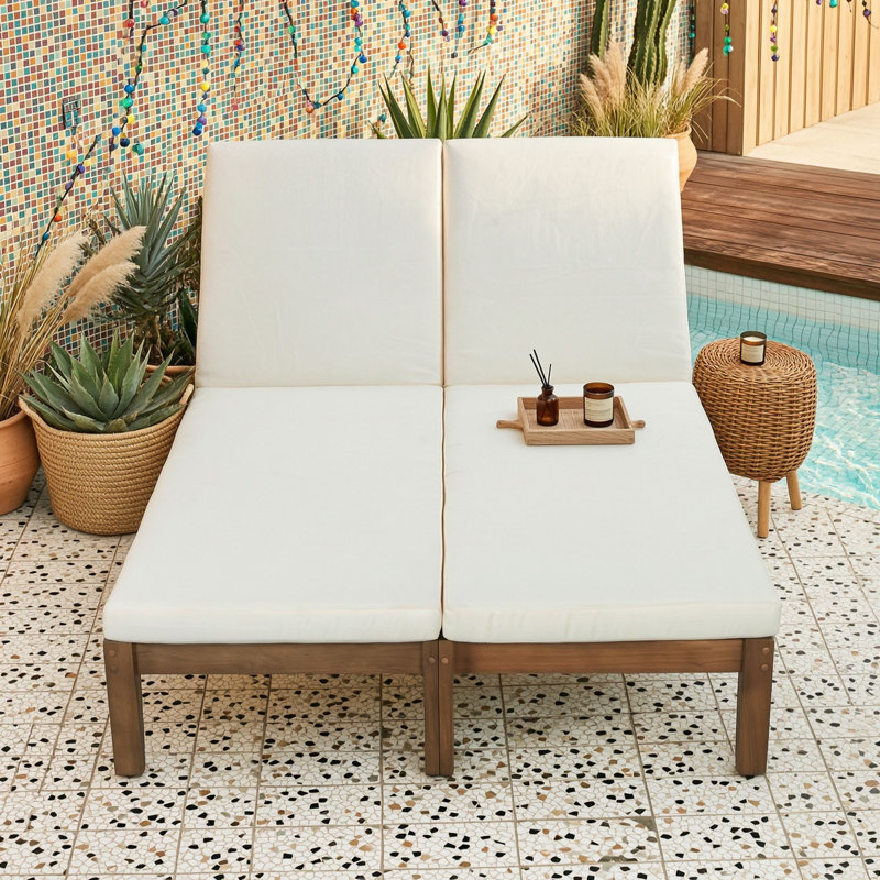 Chaise longue double réglable en bois d'acacia pour deux utilisateurs avec coussins, Noyer / beige