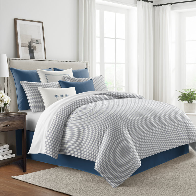 Pacific Stripe Reversible Cotton Duvet Cover Set, Denim, Queen Duvet Cover + 2 Queen Shams