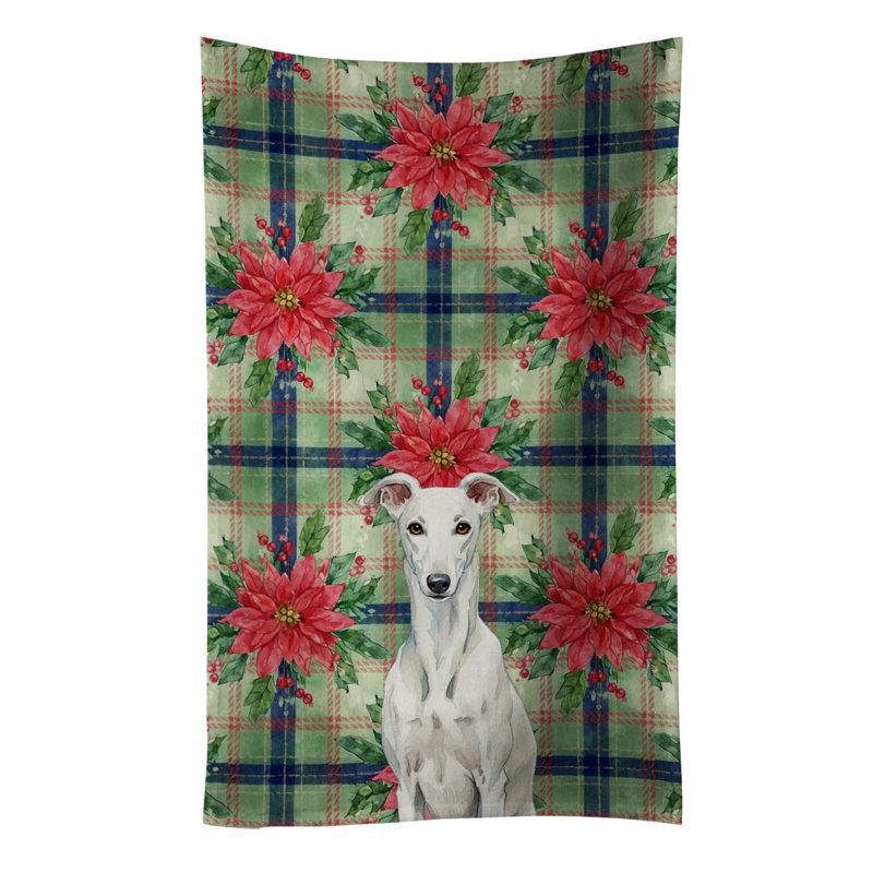 White Greyhound Christmas PoinsettIas Kitchen Towel, White Greyhound