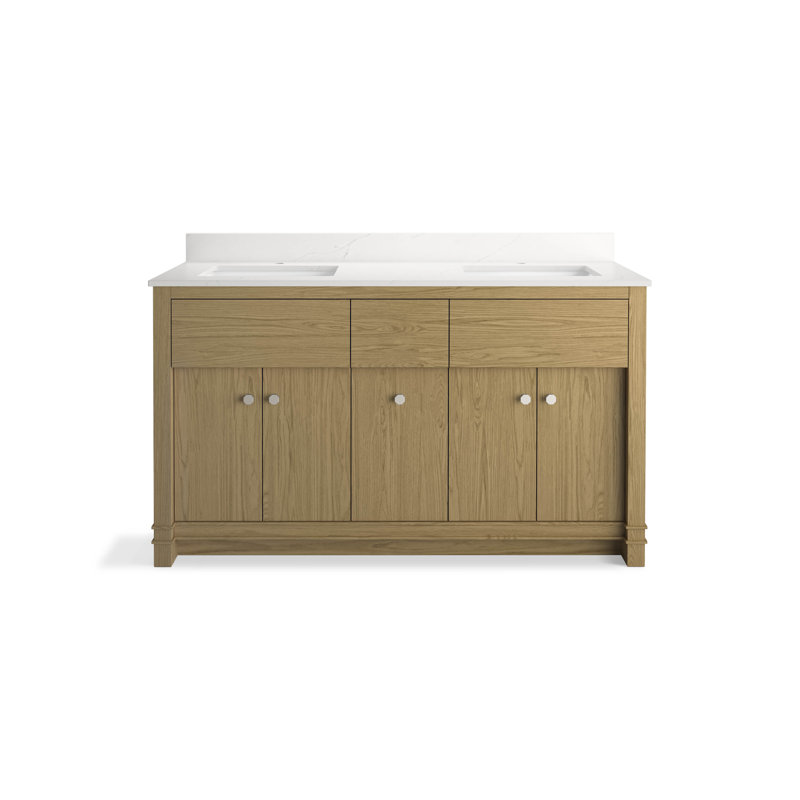 Alouette Bathroom Vanity Cabinet With Sinks And Quartz Top, Light Oak, 60"
