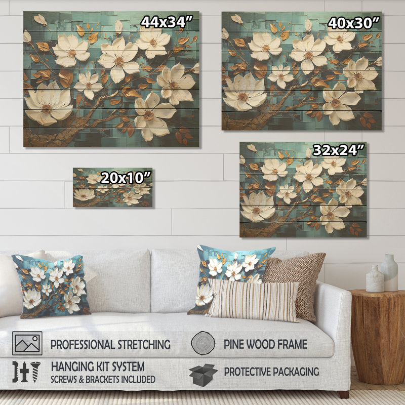 Blanc et bleu, charmante fleur de printemps élégante IV - Fleurs sur bois, H 24 po x l 32 po