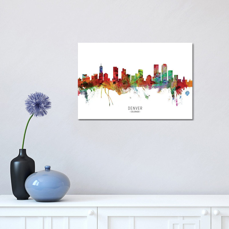 «Denver Colorado Skyline» par Michael Tompsett - peinture sur toile tendue, H 12 po x l 18 po x 1,5 po