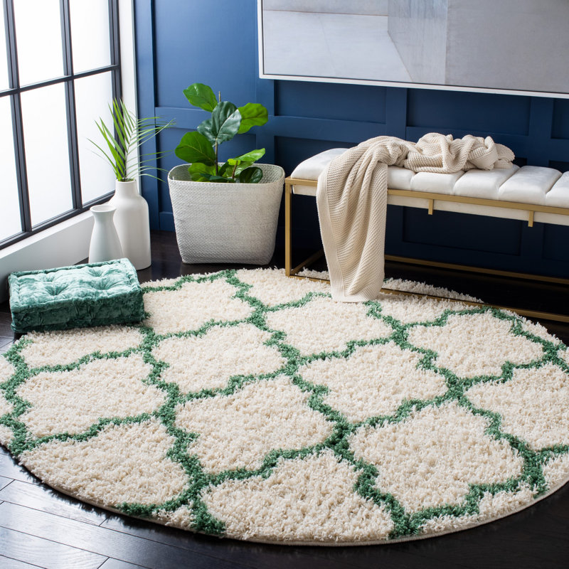 Suez Geometric Ivory/Green Area Rug, Round 6'7"