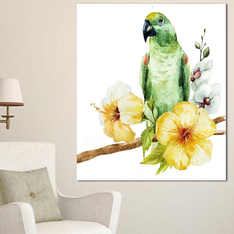 «Parrot with Flowers», impression sur toile tendue, H 40 po x l 30 po x P 1 po
