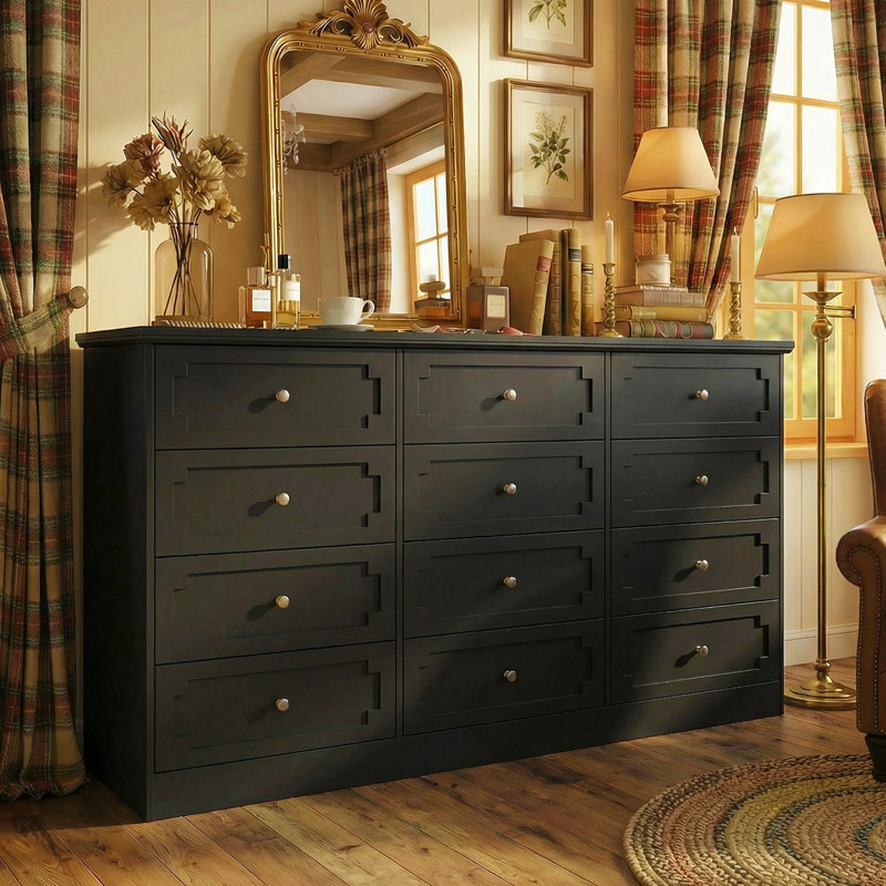 12-Drawer Dresser with Large Storage Capacity, Wide Bedroom Storage Chest with Metal Slides and Modern Design, Black