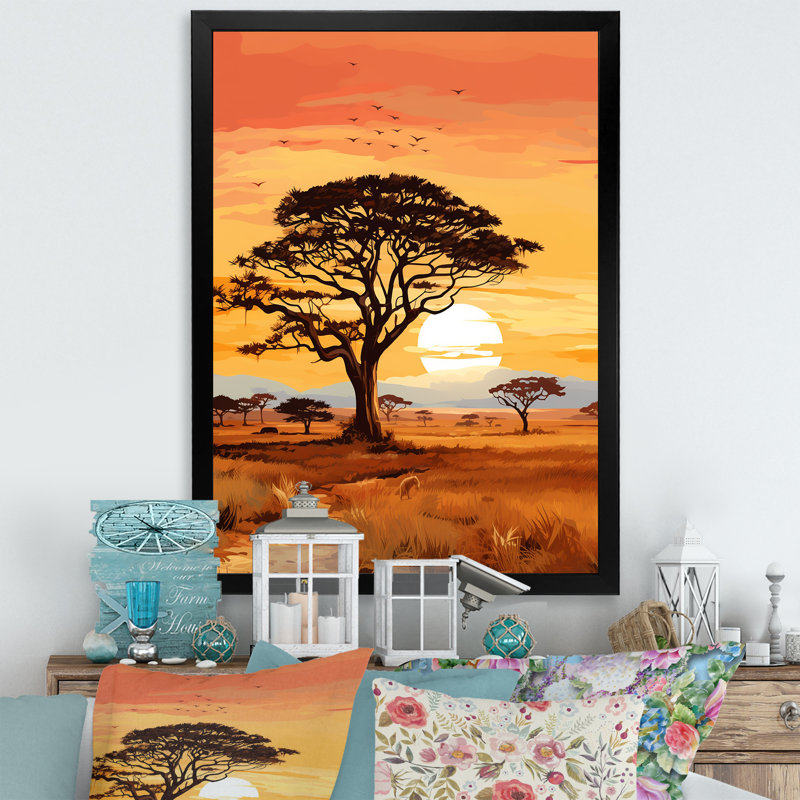 «African Tree Ambiance Savana», reproduction d'art sur toile, arbre africain, Cadre simple noir, H 44 po x l 34 po