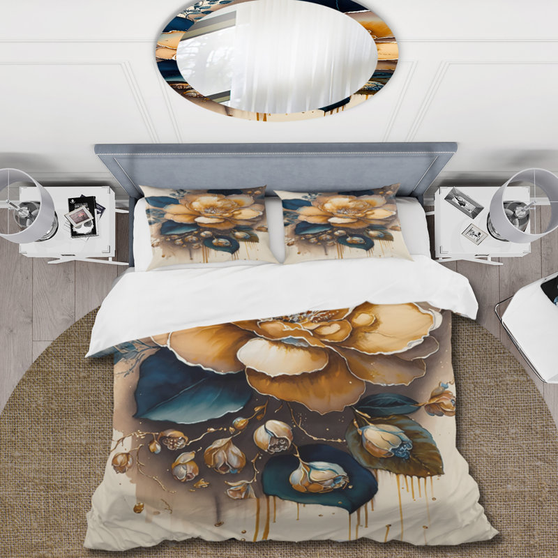 Ensemble de housse de couette jaune et bleu foncé Camellia Flower I - Floral Camellia - Polyester microfibre