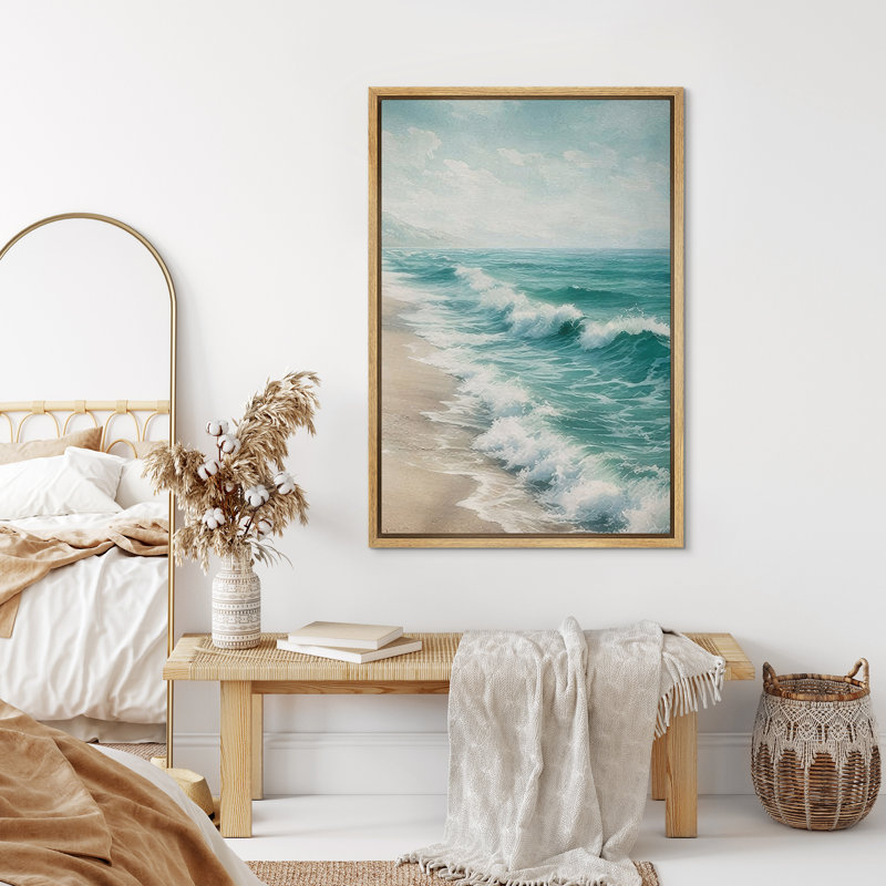 Turquoise, vagues de l'océan le long de la plage de sable, impression d'art sur toile encadrée, H 24 po x l 16 po, Naturel