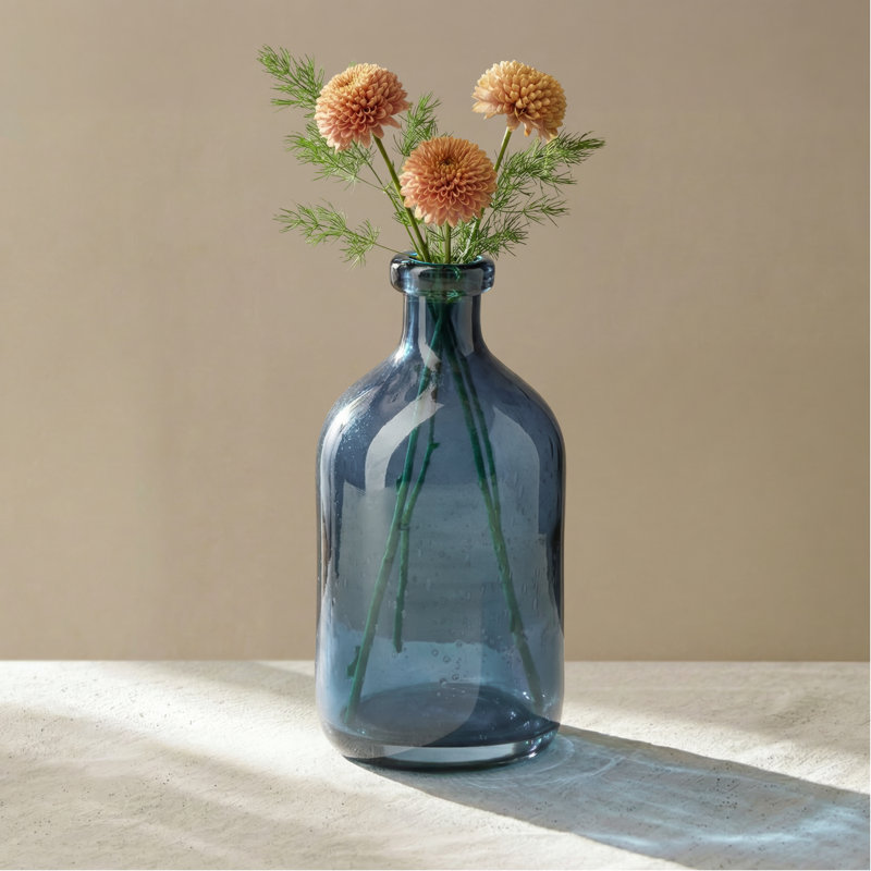 8" Blue Clear Glass Bottle Vase, Blue, 8 inch