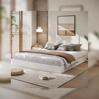 Lit plateforme double XL avec sommier à lattes en bois robustes - Design minimaliste moderne sur pied, sans tête de lit, silencieux et peu encombrant, montage facile - Blanc