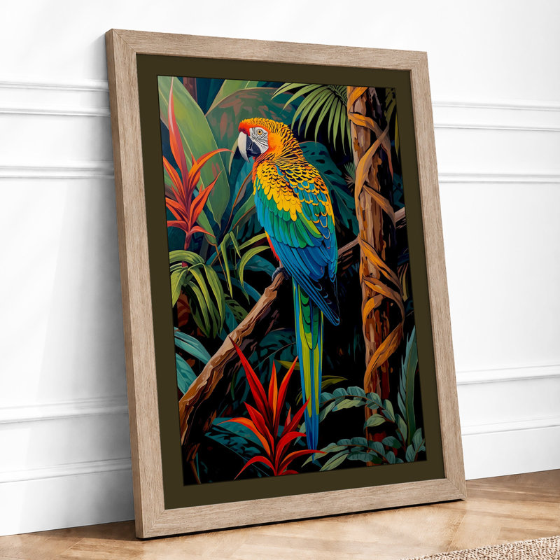 Macaw in Paradise Tropical - Framed Print, A1 - 84.1 x 59.4 cm, Oak