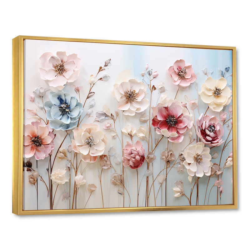 Art floral mural blanc et rose pour salon, Cadre flottant doré, H 34 po x l 44 po x P 1,5 po