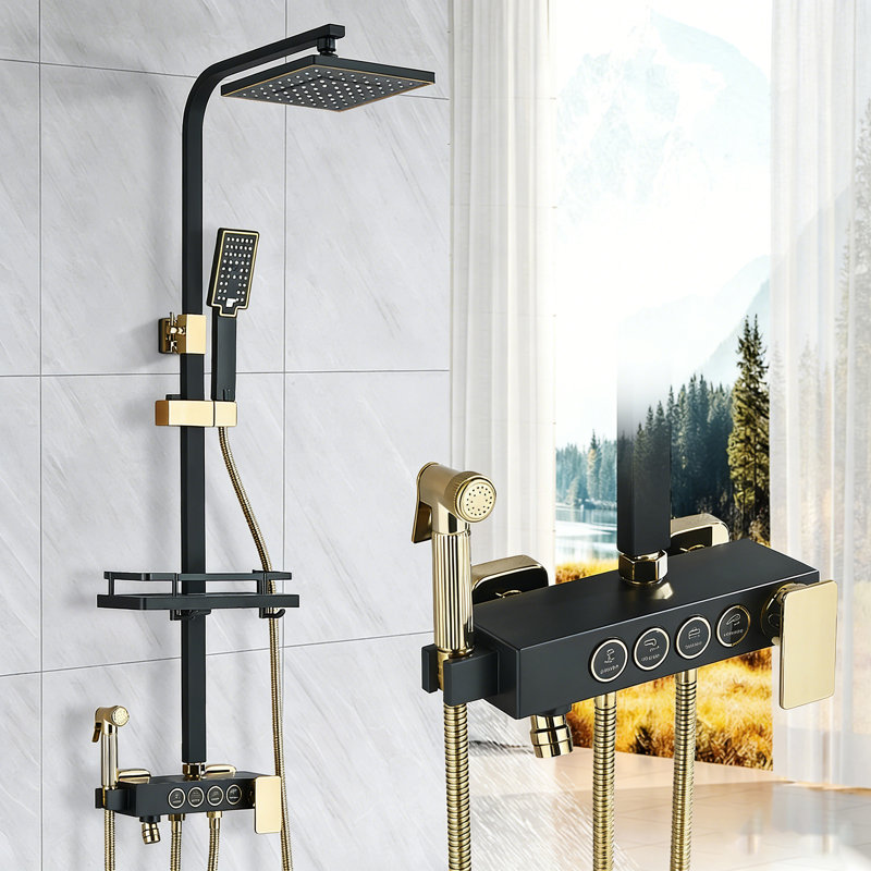 Black Gold Shower System, Bathroom Shower Faucet Set with Tub Spout 8'' Rainfall Shower Head Fixture Wall Mount
