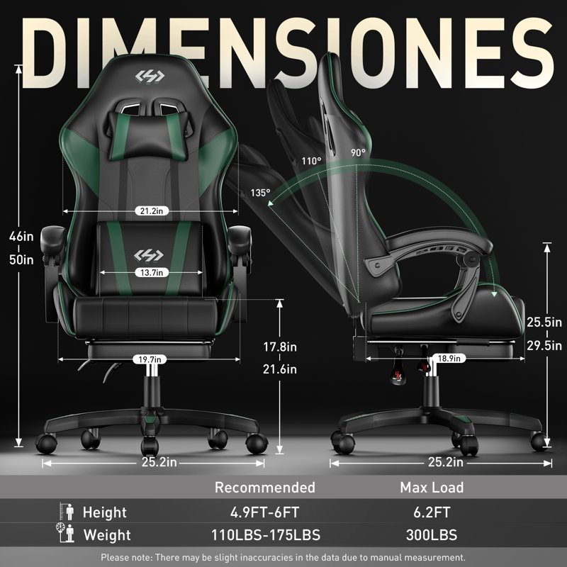 Gaming Chair, Ergonomic Computer Office Chair with Lumbar Support Footrest Headrest, Adjustable Height & Backrest Angle Video Gamer Chair, PU Leather, 360° Swivel, Adult, Black and Green