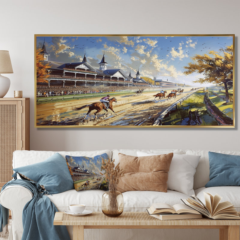 Margrie - Art mural de course de chevaux, Cadre flottant doré, H 28 po x l 60 po x P 1,5 po