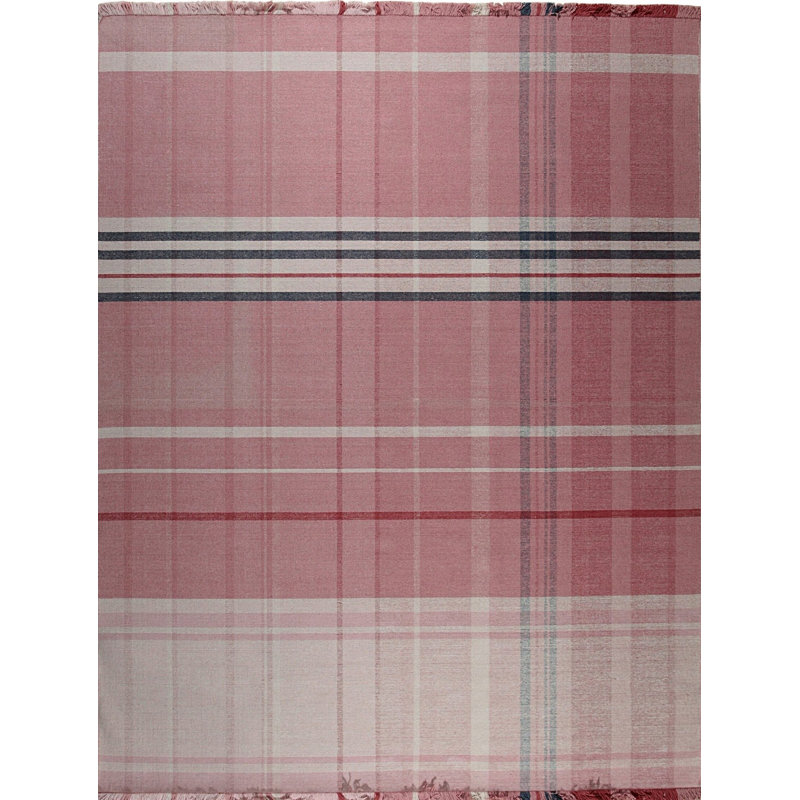 Coral Hand-Knotted Wool Salmon Plaid Geometric Modern Contemporary Carpet Rug, 10' x 14'
