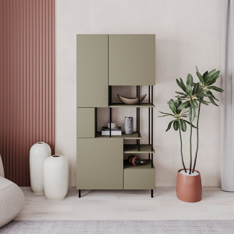 Key Modern Bookcase Display Unit with Closed Cabinets and Open Shelves, Ash Green