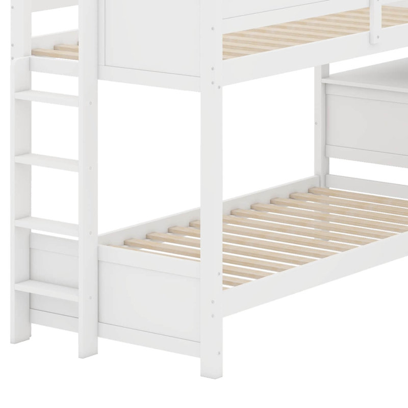 Lit superposé en L avec tiroirs et ports USB et prise de courant, lit superposé triple en bois avec bureau, échelles et garde-corps