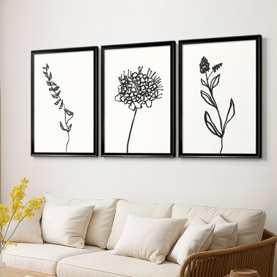 Encre de botanique, croquis à l'encre 9 - Toile tendue avec châssis encadré - 3 pièces