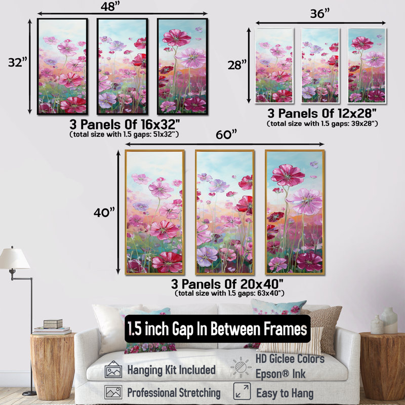 Elegant Geraniums Flowers Field - Ensemble d'art mural sur toile Flower Field, Cadre flottant blanc
