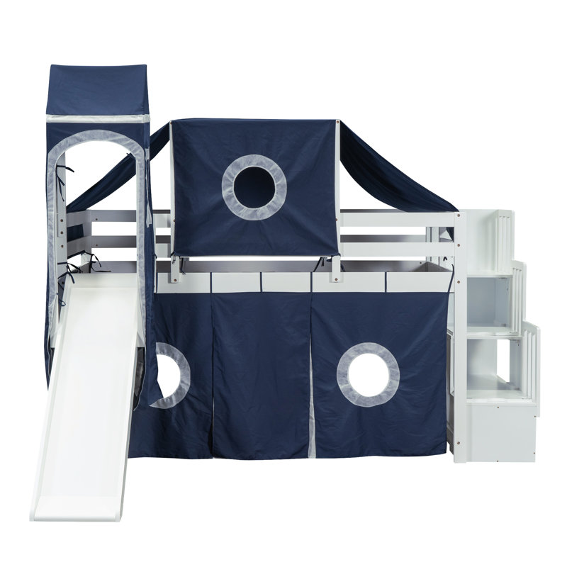Lit mezzanine simple avec tente et tour, Bleu