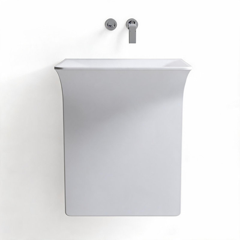 33 inch Matte White Solid Surface Wall Mounted Pedestal Sink with Hidden Linear Drain and Wall Mount Faucet Compatibility
