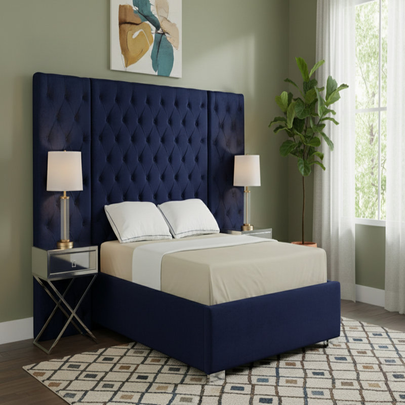 Upholstered Platform Bed, King, Navy Velvet