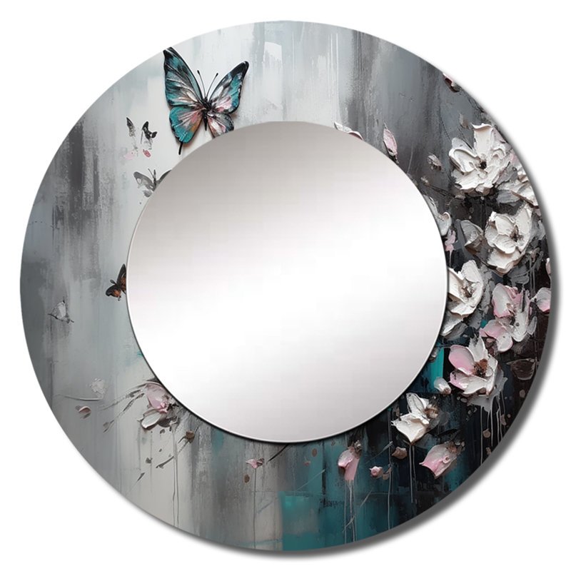 Phillada Flowers With Butterflies Painting V - Floral Large Wall Mirror, Pink Round Decorative Mirror, Printed Metal Art