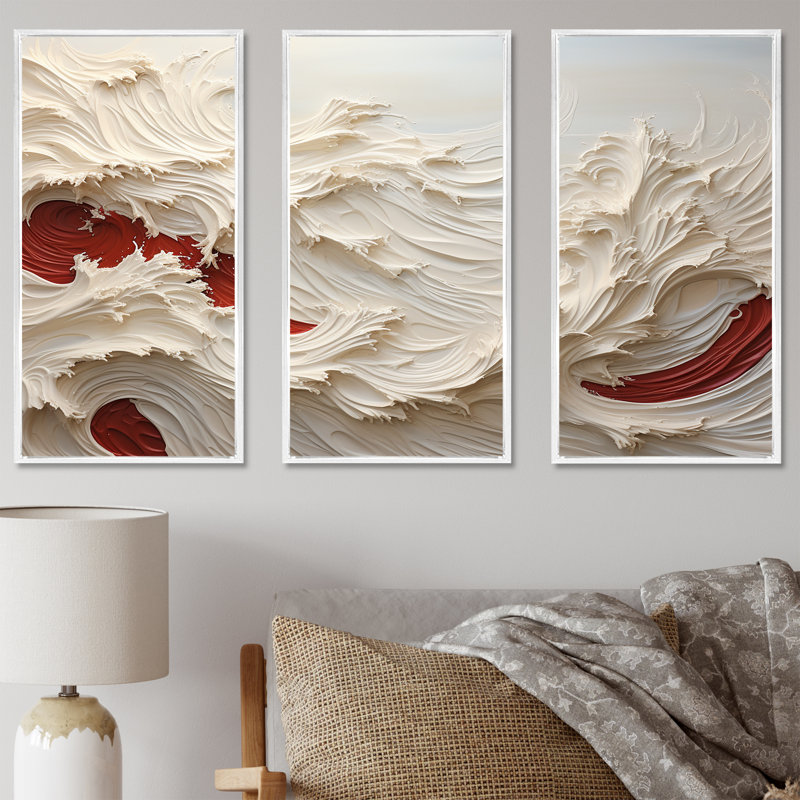 Ensemble de décorations murales vagues blanches et rouges style côtier, H 28 po x l 36 po x P 1 po, Cadre flottant blanc