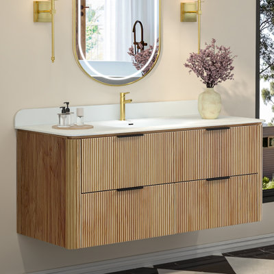 Meuble-lavabo mural 48 po au fini chêne avec armoire en bois massif et comptoir une pièce en acrylique