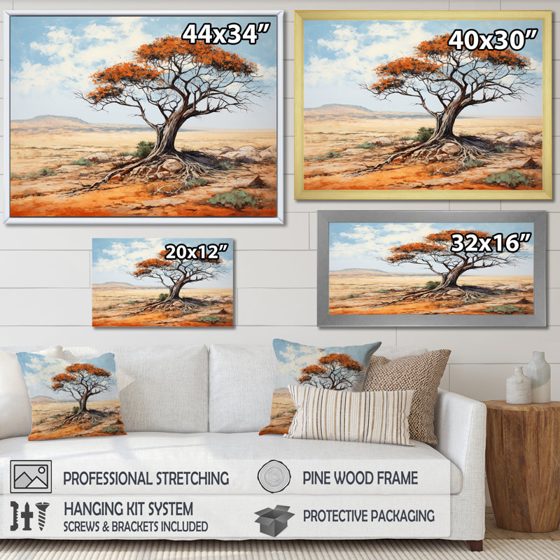 «African Desert Tree Survivor» - Art mural africain, H 12 po x l 20 po x P 1 po, Toile tendue