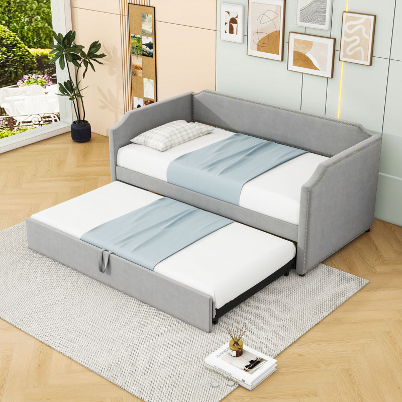 Twin-Size Upholstered Daybed with Pop-Up Twin Trundle, Gray