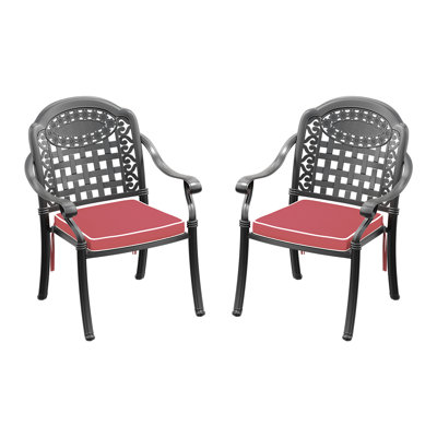 2 chaises de patio en fonte d'aluminium, structure noire, coussins, corrosion, paire de sièges larges, 2 pièces, sièges rembourrés confortables et noirs, empilables