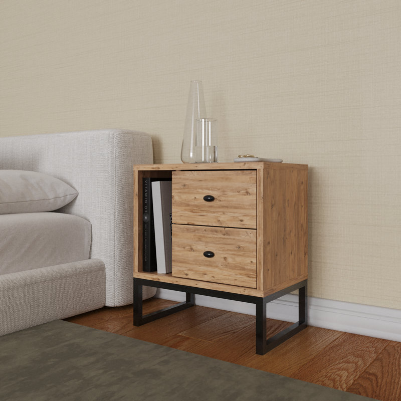 Hazer 2-Drawer Nightstand with Shelf, Metal Legs, Atlantic Pine