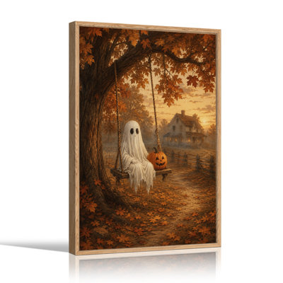Art mural sur toile, "White Ghost and Pumpkin on Swing in Autumn Forest"